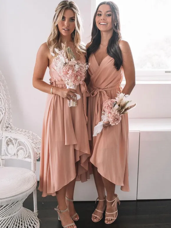 Robe de demoiselle d'honneur saumon rose col V à bretelle robe de soirée de mariage