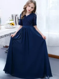 Robe de Demoiselle d'Honneur Fille Mousseline de Soie Dentelle Col V Manches Courtes Bleu Marine Foncé