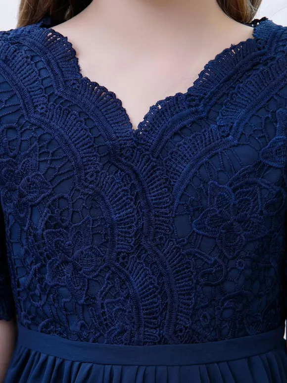 Robe de Demoiselle d'Honneur Fille Mousseline de Soie Dentelle Col V Manches Courtes Bleu Marine Foncé