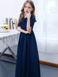 Robe de Demoiselle d'Honneur Fille Mousseline de Soie Dentelle Col V Manches Courtes Bleu Marine Foncé