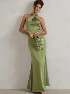 Robe de demoiselle d'honneur sirène longueur au sol fermeture éclair en tissu satiné robe de soirée de mariage