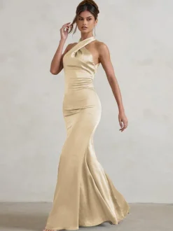 Robe de demoiselle d'honneur sirène longueur au sol fermeture éclair en tissu satiné robe de soirée de mariage