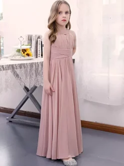 Robe de demoiselle d'honneur en mousseline de soie plissée dos nu sans manches rose lotus