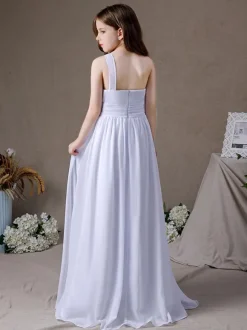 Robe de demoiselle d'honneur en mousseline de soie plissée une épaule sans manches blanc