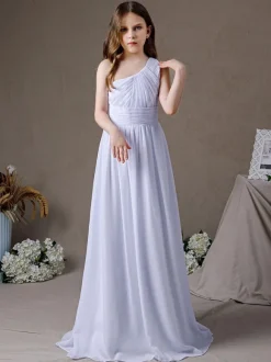 Robe de demoiselle d'honneur en mousseline de soie plissée une épaule sans manches blanc