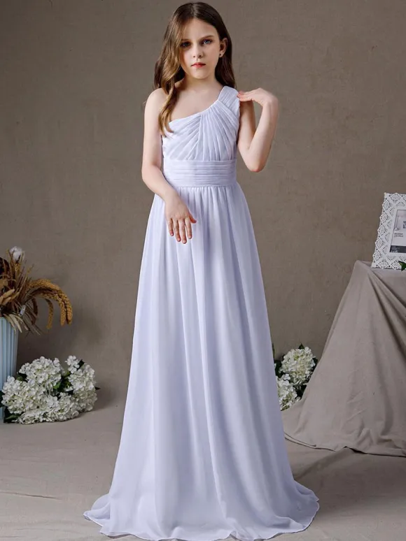 Robe de demoiselle d'honneur en mousseline de soie plissée une épaule sans manches blanc