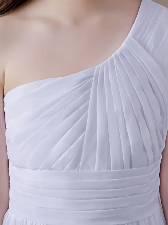 Robe de demoiselle d'honneur en mousseline de soie plissée une épaule sans manches blanc