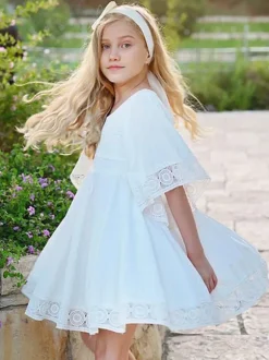Robe de fille de fleur blanche col carré demie-manche robe cortège enfant robe cérémonie fille