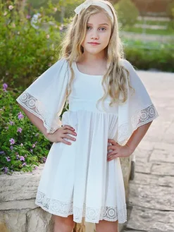 Robe de fille de fleur blanche col carré demie-manche robe cortège enfant robe cérémonie fille
