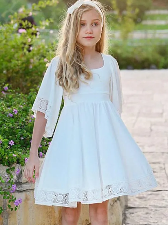Robe de fille de fleur blanche col carré demie-manche robe cortège enfant robe cérémonie fille