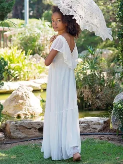 Robe de fille de fleur blanche en dentelle dos en V longueur au sol robe cortège enfant