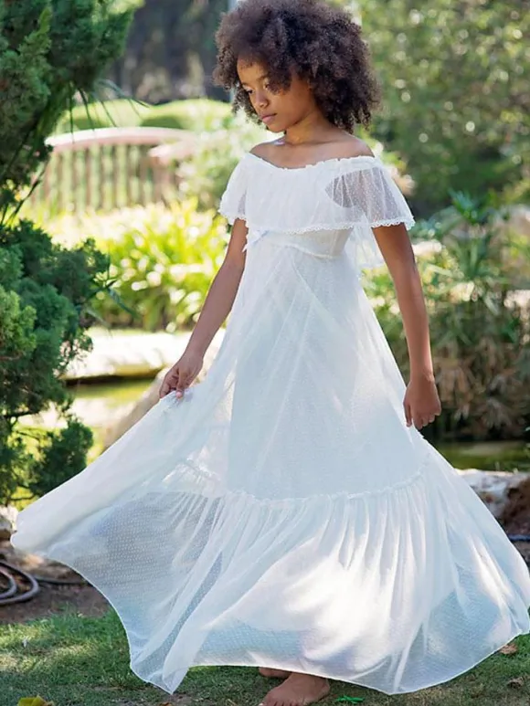 Robe de fille de fleur blanche en dentelle dos en V longueur au sol robe cortège enfant