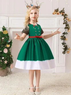 Robe de fête pour Noël Green Polyester Fibre à imprimé floral Costumes de vacances de Noël