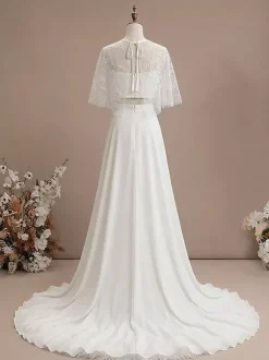 Robe de mariée 3 pièces en dentelle et satin décolleté illusion fermeture éclair manches mi-longues
