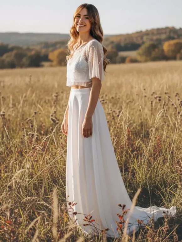 Robe de mariée 3 pièces en dentelle et satin décolleté illusion fermeture éclair manches mi-longues