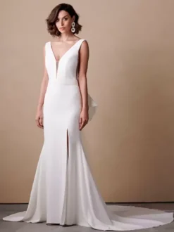 Robe de mariée avec traîne sans manches n艙uds col en V robes de mariée