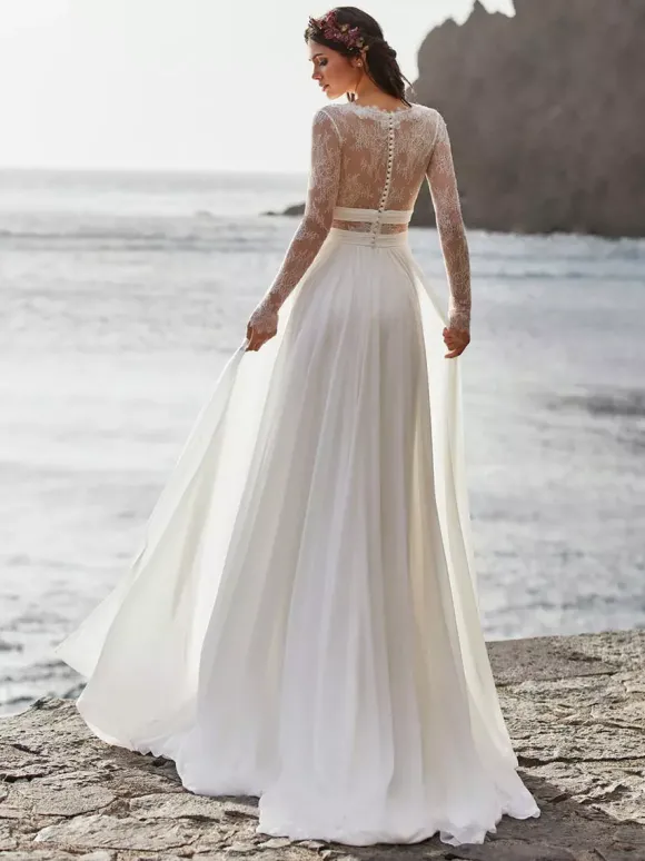Robe de mariée Boho ivoire robe de mariée à la plage col v manche longue en dentelle au sol