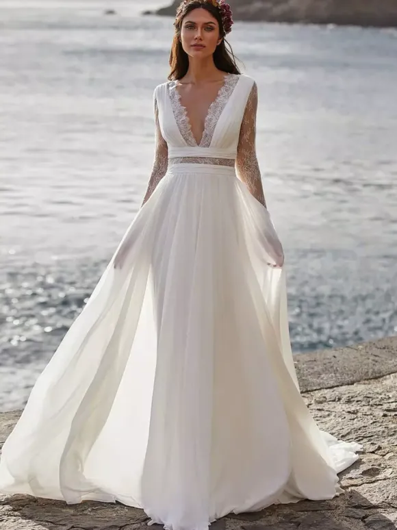 Robe de mariée Boho ivoire robe de mariée à la plage col v manche longue en dentelle au sol
