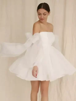 Robe de mariée courte bustier manches longues coupe princesse taille naturelle en organza