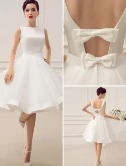 Robe de mariée courte robe mariage vintage col bateau noeud sur dos au genou