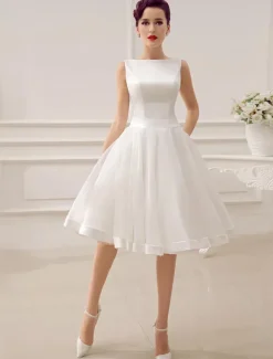 Robe de mariée courte robe mariage vintage col bateau noeud sur dos au genou