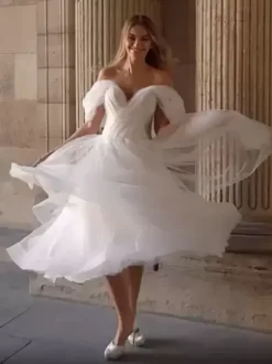 Robe de mariée courte Robe de mariée 2 Pièces boule Avec traîne Ivoire  sans manches col V Robes de mariée