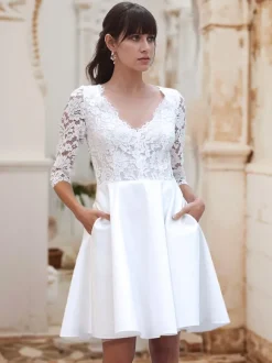 Robe de mariée courte Robe de mariée civil col V demi manche boutonné sur dos longuer au dessus de genou