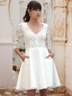 Robe de mariée courte Robe de mariée civil col V demi manche boutonné sur dos longuer au dessus de genou