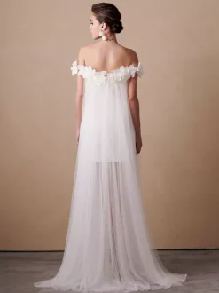 Robe de mariée courte trapèze col bateau sans manches motif floral
