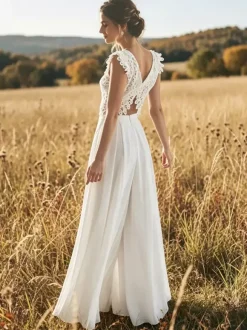 Robe de mariée deux pièces en dentelle à col en V longue jusqu'au sol sans manches fermeture éclair.