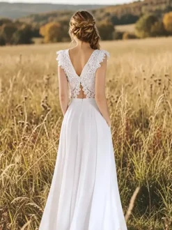 Robe de mariée deux pièces en dentelle à col en V longue jusqu'au sol sans manches fermeture éclair.