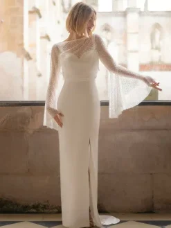 Robe de mariée deux pièces en satin en dentelle décolleté robe de bal avec traîne boutons fonctionnels manches longues longueur 30 cm ivoire