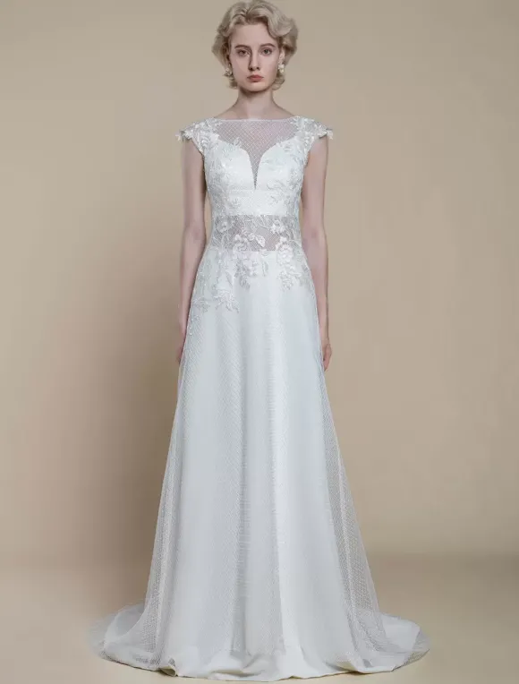Robe de mariée deux pièces en dentelle décolleté illusion fourreau avec traîne fermeture éclair manches courtes longueur 30 cm ivoire