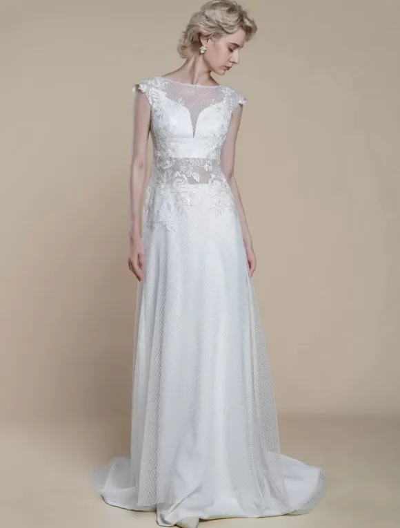 Robe de mariée deux pièces en dentelle décolleté illusion fourreau avec traîne fermeture éclair manches courtes longueur 30 cm ivoire
