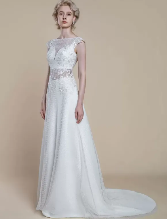 Robe de mariée deux pièces en dentelle décolleté illusion fourreau avec traîne fermeture éclair manches courtes longueur 30 cm ivoire