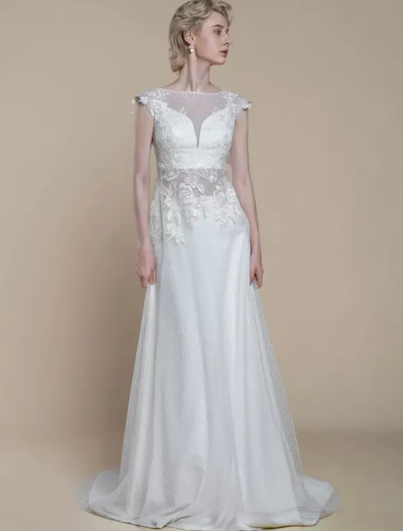 Robe de mariée deux pièces en dentelle décolleté illusion fourreau avec traîne fermeture éclair manches courtes longueur 30 cm ivoire
