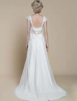 Robe de mariée deux pièces en dentelle décolleté illusion fourreau avec traîne fermeture éclair manches courtes longueur 30 cm ivoire