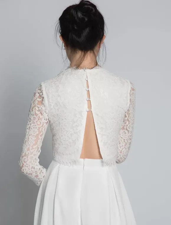 Robe de mariée deux pièces Haut et pantalon col montant manche longue boutonné sur dos