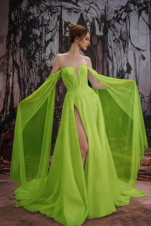 Robe de mariée gothique noire en dentelle coupe trapèze manches longues taille naturelle à volants et traîne
