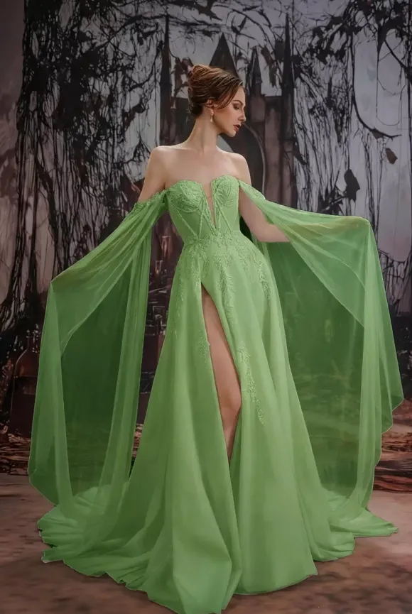 Robe de mariée gothique noire en dentelle coupe trapèze manches longues taille naturelle à volants et traîne
