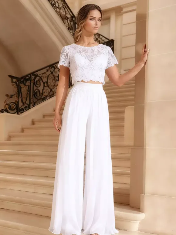 Robe de mariée haut-pantalon tenue de mairée 3 pièces en dentelle et mousseline col rond manche courte zip sur dos