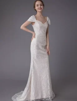 Robe de mariée ivoire en dentelle col en coeur manche courte zip sur dos Robe de mariage