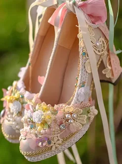 Robe de mariée Lolita Chaussures Lolita Dentelle rose Volants Perles Fleurs Bout rond Chaussures Lolita en cuir PU