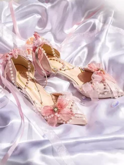 Robe de mariée Lolita Chaussures Lolita Bloc de couleur rose N艙uds Perles Volants Bout pointu Chaussures Lolita