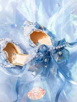 Robe de mariée Lolita Chaussures Lolita Bloc de couleur rose N艙uds Perles Volants Bout pointu Chaussures Lolita