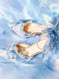 Robe de mariée Lolita Chaussures Lolita Bloc de couleur rose N艙uds Perles Volants Bout pointu Chaussures Lolita