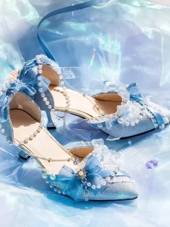 Robe de mariée Lolita Chaussures Lolita Bloc de couleur rose N艙uds Perles Volants Bout pointu Chaussures Lolita
