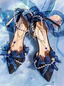 Robe de mariée Lolita Chaussures Lolita Bloc de couleur rose N艙uds Perles Volants Bout pointu Chaussures Lolita