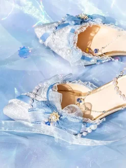 Robe de mariée Lolita Chaussures Lolita Bloc de couleur rose N艙uds Perles Volants Bout pointu Chaussures Lolita