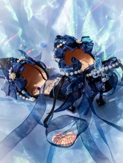 Robe de mariée Lolita Chaussures Lolita Bloc de couleur rose N艙uds Perles Volants Bout pointu Chaussures Lolita